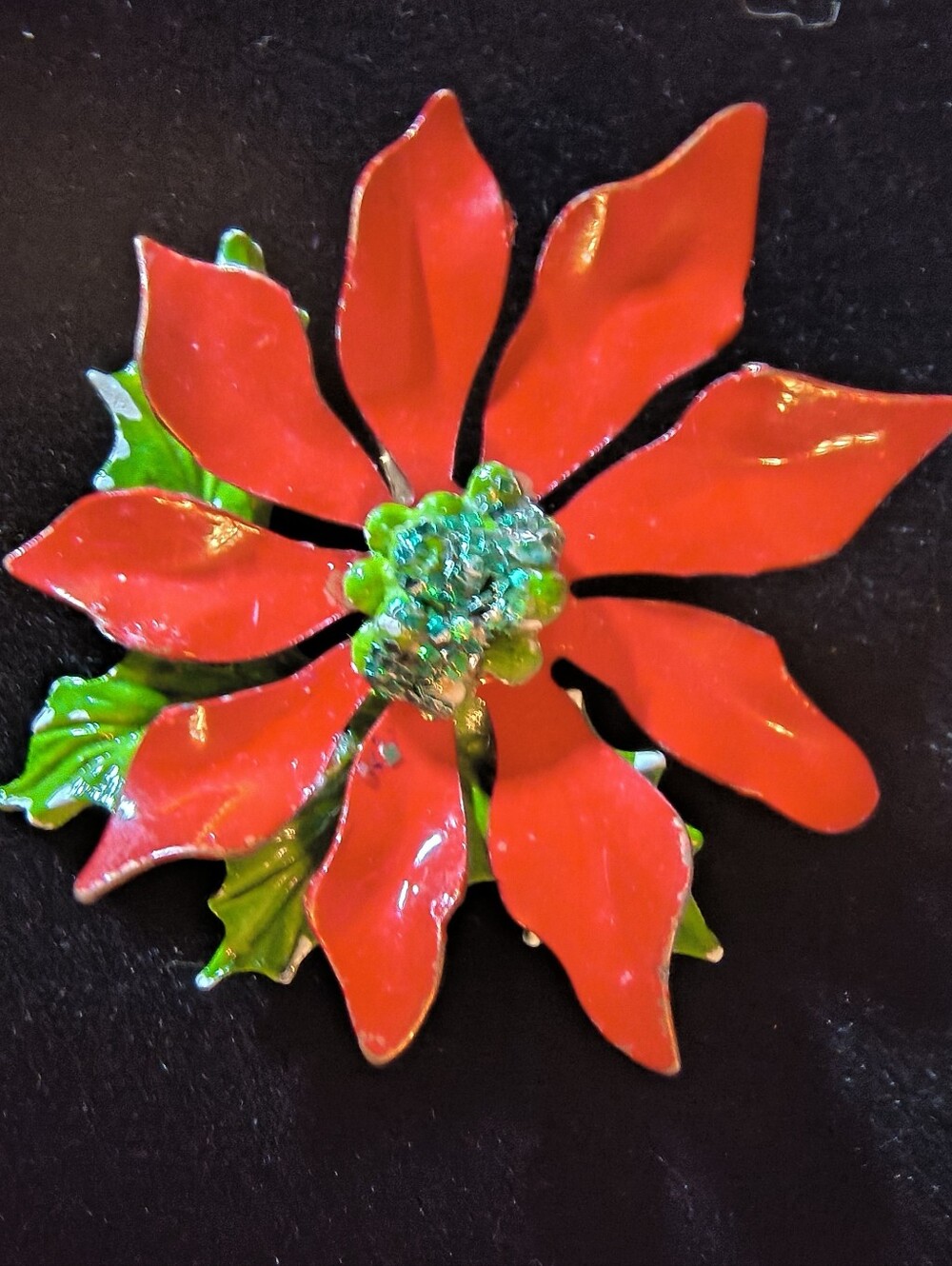 Vintage 1960s Large Poinsettia Christmas Brooch Red Green Enamel Holiday Flower